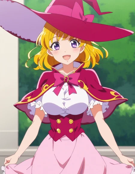 score_9, score_8_up, score_7_up, anime screencap, solo,1girl,asahinamiraimd,school uniform, witch, pink witch hat, pink skirt,frilled skirt,capelet,suspender,purple eyes,blonde hair,smile, looking at viewer,cowboy shot,large breasts ,blush,open mouth<lora:asahinamiraimd:0.8>