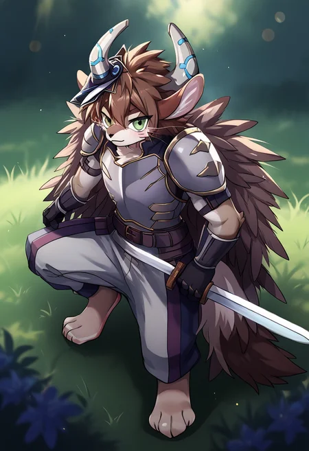 source_anime, res ,intricate details, high intricate details,
<lora:Beat_Blademaster_Fur_Hire_Yugioh-000001:1> beat_furhire, anthro hedgehog, brown body, male, ((wielding sword)), grass, ((armor)), zPDXL3, <lora:Pony_QualityV4.0:1.12> zPDXLxxx, zPDXLrl