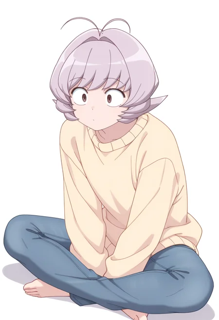 Smooth Quality,masterpiece,very intricate, high quality details, ultra realistic, high detailed skin,detailed enviorement,
simple background, white background, crazy,
indian style, solo,
jeans, ,oversized sweater, , <lora:Osana_Najimi_cnn:0.8> osananajimicnn, 1other,short hair, brown eyes, antenna hair, androgynous, light purple hair,
