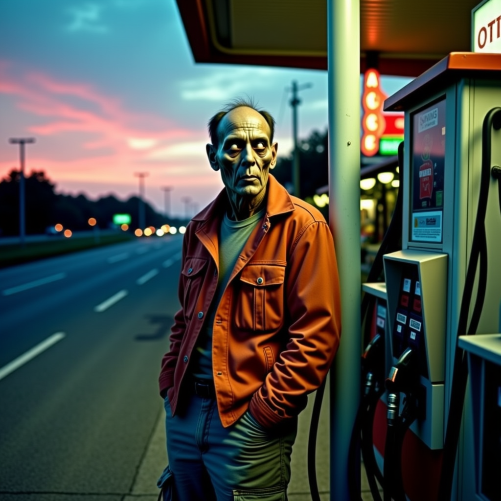 analog film photo Half-body portrait, overgrown highway gas station at dusk: A male zombie leans against a gas pump, wearing a faded orange jacket and cargo pants. One hand is jammed in his pocket; the other hangs loosely, fingers curled and dry. His jaw is misaligned slightly, but his face is expressionless, almost relaxed. His sclera eyes are completely white, (white eyes) with small scratches in the corneas. Shot with a Mamiya 7 and 80mm lens, film: CineStill 800T, with lighting from flickering gas station signs and a dying sunset behind the station canopy. Rusted signage glows in neon pink and green. His skin shows ageâdehydrated lips, cracked eyebrows, shallow peeling on the forehead, one tear-shaped blood streak dried down the cheek. It's hauntingâbut poetic. <lora:undead denizens v2.2:1> . faded film, desaturated, 35mm photo, grainy, vignette, vintage, Kodachrome, Lomography, stained, highly detailed, found footage