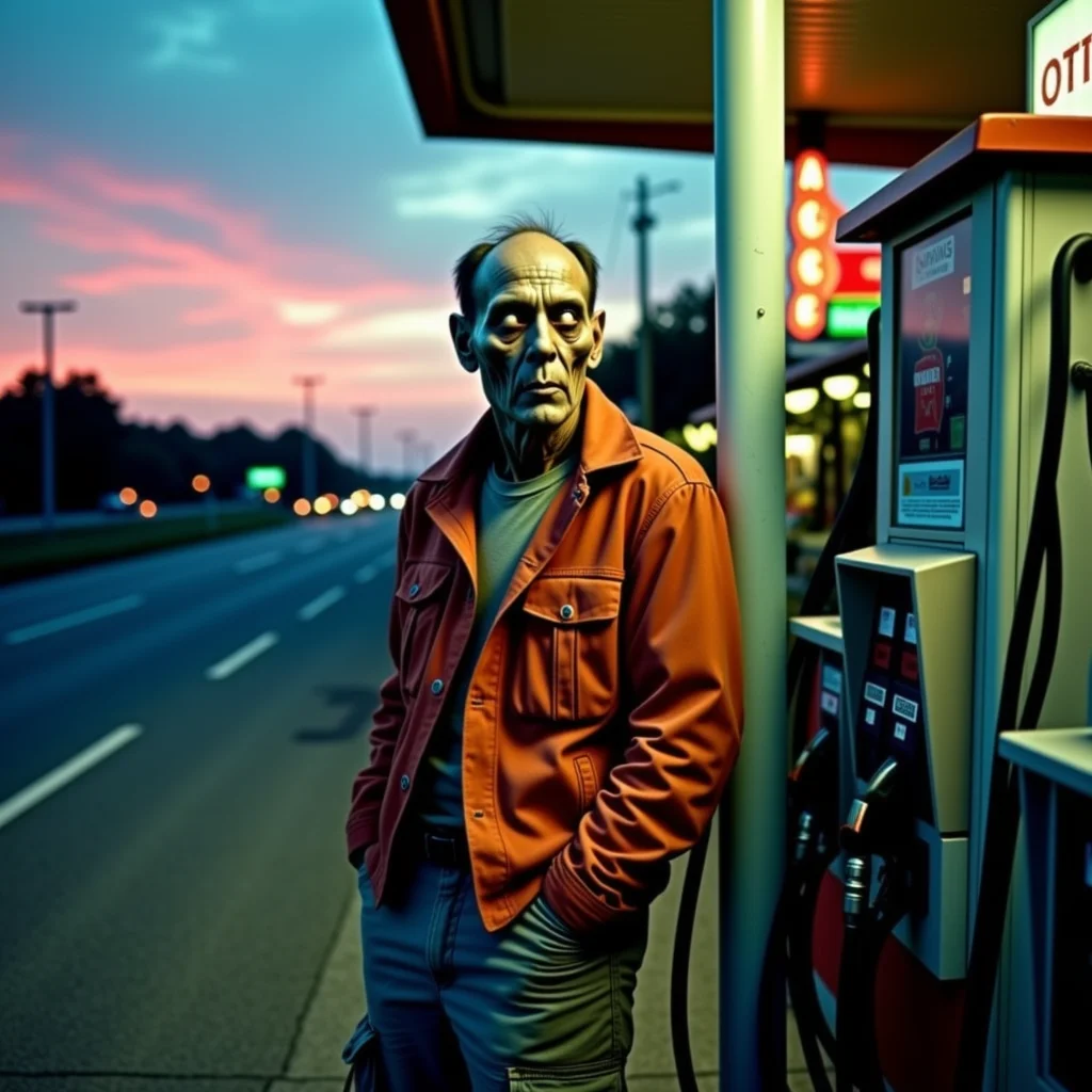 analog film photo Half-body portrait, overgrown highway gas station at dusk: A male zombie leans against a gas pump, wearing a faded orange jacket and cargo pants. One hand is jammed in his pocket; the other hangs loosely, fingers curled and dry. His jaw is misaligned slightly, but his face is expressionless, almost relaxed. His sclera eyes are completely white, (white eyes) with small scratches in the corneas. Shot with a Mamiya 7 and 80mm lens, film: CineStill 800T, with lighting from flickering gas station signs and a dying sunset behind the station canopy. Rusted signage glows in neon pink and green. His skin shows ageâdehydrated lips, cracked eyebrows, shallow peeling on the forehead, one tear-shaped blood streak dried down the cheek. It's hauntingâbut poetic. <lora:undead denizens v2.2:1> . faded film, desaturated, 35mm photo, grainy, vignette, vintage, Kodachrome, Lomography, stained, highly detailed, found footage