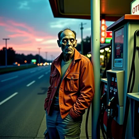 analog film photo Half-body portrait, overgrown highway gas station at dusk: A male zombie leans against a gas pump, wearing a faded orange jacket and cargo pants. One hand is jammed in his pocket; the other hangs loosely, fingers curled and dry. His jaw is misaligned slightly, but his face is expressionless, almost relaxed. His sclera eyes are completely white, (white eyes) with small scratches in the corneas. Shot with a Mamiya 7 and 80mm lens, film: CineStill 800T, with lighting from flickering gas station signs and a dying sunset behind the station canopy. Rusted signage glows in neon pink and green. His skin shows ageâdehydrated lips, cracked eyebrows, shallow peeling on the forehead, one tear-shaped blood streak dried down the cheek. It's hauntingâbut poetic. <lora:undead denizens v2.2:1> . faded film, desaturated, 35mm photo, grainy, vignette, vintage, Kodachrome, Lomography, stained, highly detailed, found footage