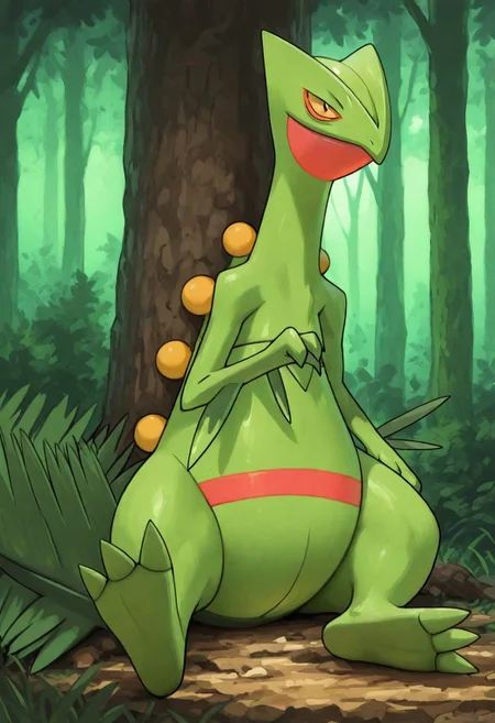 masterpiece, best quality, score_9, score_8_up, score_7_up, score_6_up, score_5_up, score_4_up, source_furry, solo, feral, male, pokemon, sceptile, forest background, vibrant colors, sitting, showing feet, against tree, calm, (3 toes:1), tail behind body