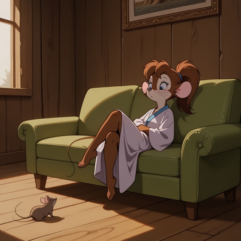 masterpiece, best quality, amazing quality, tanyafgwil, anthro, female, mouse, brown fur, blue eyes, brown hair, ponytail,  whiskers,   full body, one 1girl, solo, barefoot, inside, siting on a couch, legs crossed, robe,