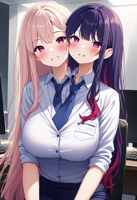 8K, HD, colorful, easynegative, half body, close shot, upper body, conjoined, Japan anime, two heads, BREAK female, random color hair, random (((short hair, very long hair, very long straight hair, wave hair, thick hair, furry hair))), ((2 different hairstyles)), add random hair accessories, ((2 tones color of hairstyles)), (((2 tones color hair))), ((human)), anime, BREAK female, Office Lady uniform, lady, girl, office background, sitting on the chair, lighting