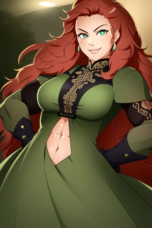 1girl, highly detailed eyes, intricate details, detailed pupils, ((realistic)), round pupils, solo, green eyes, ((red hair)), (long hair), (night dress), ((cartoon)), looking at viewer, seductive smile, soft lighting, (field), portrait, abs, hands on hips,