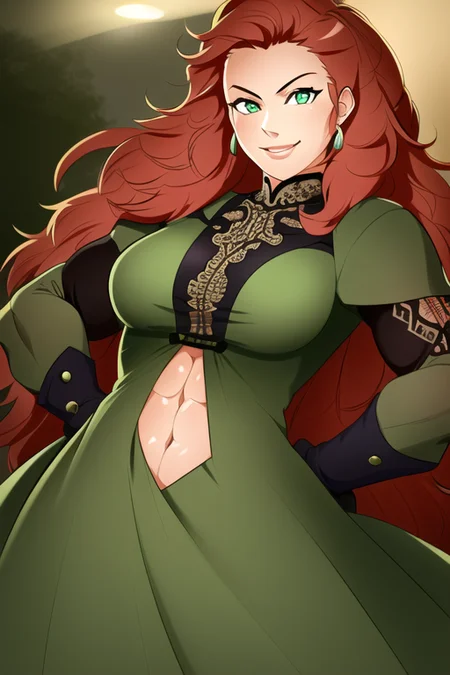1girl, highly detailed eyes, intricate details, detailed pupils, ((realistic)), round pupils, solo, green eyes, ((red hair)), (long hair), (night dress), ((cartoon)), looking at viewer, seductive smile, soft lighting, (field), portrait, abs, hands on hips,
