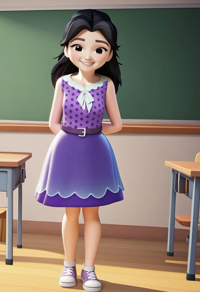 (zPDXL3) source_cartoon,
emma_lego, black hair, long hair, black eyes, polka dot dress, purple dress, sleeveless, belt, shoes, smile, teeth, blush, looking at viewer, classroom,
detailed, perfect, perfection, hands,
<lora:hand 4:0.8>, <lora:Emma:1>