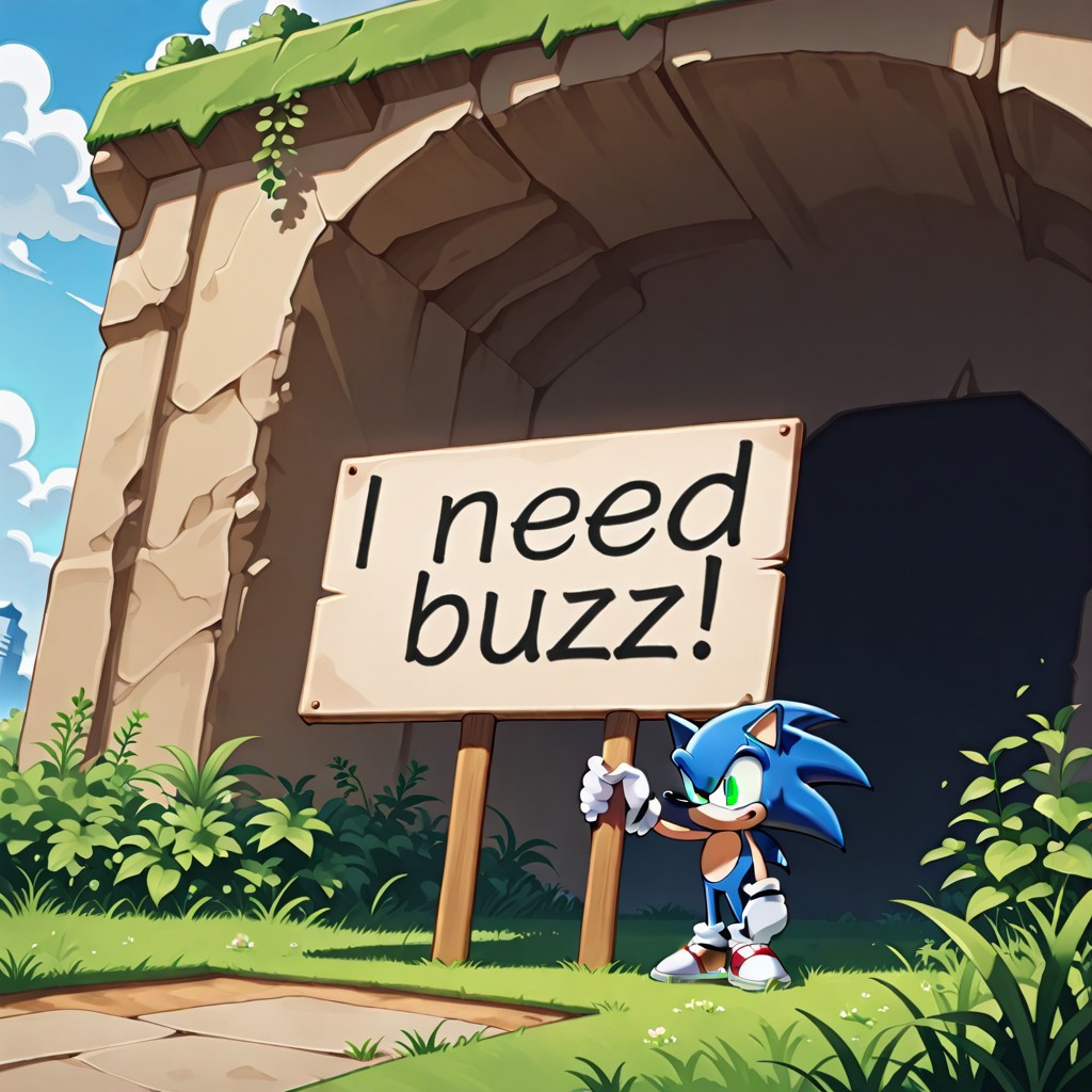 Sonic, the hedgehog, idle, standing, RidersIL, sonic (series), outdoors, need_buzz, holding sign
