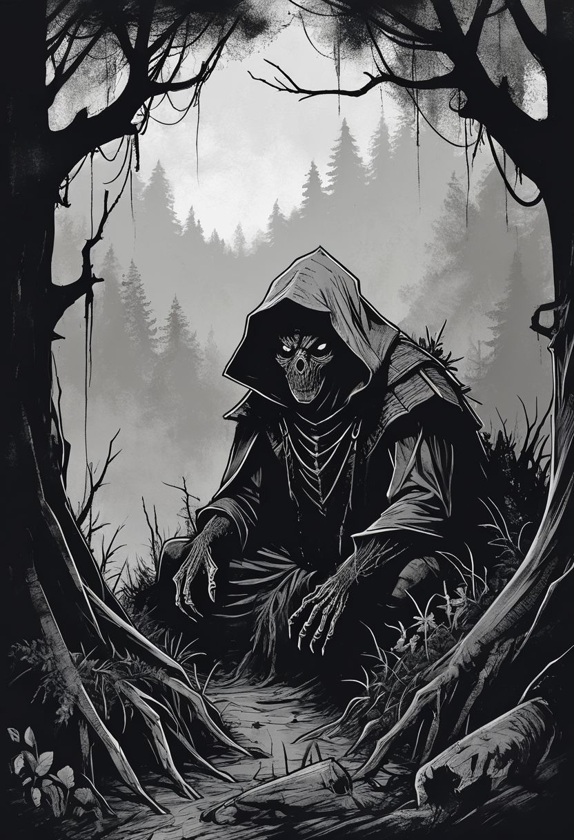 concept art, ink art, black and white, medieval,
A overgrown forest, giant spider, loneliness, peasant hiding from spider,
