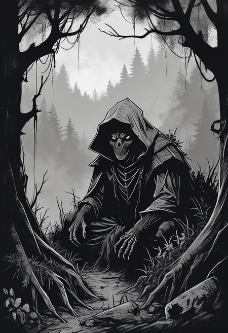 concept art, ink art, black and white, medieval,
A overgrown forest, giant spider, loneliness, peasant hiding from spider,