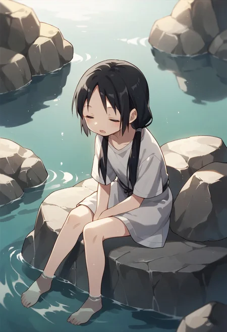 score_9, score_8_up, score_7_up, source_anime,chito, black hair, black eyes, long hair, low twintails, 1girl, closed eyes, solo, water, sitting, barefoot, rock, open mouth