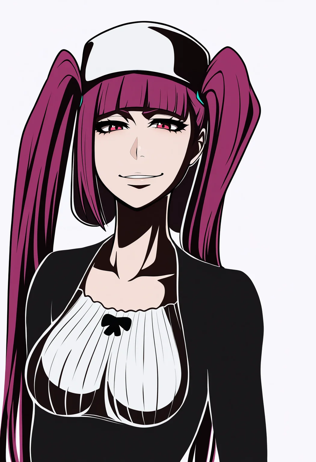 best quality, amazing quality, very aesthetic, absurdres,
1girl, rirukadokugamine, purple hair, twintails, long hair,
dress, hat,
arms behind back, upper body, smile, solo, looking at viewer, simple background, white background <lora:RirukaDokugamineIllustriousXL_byKonan:1>