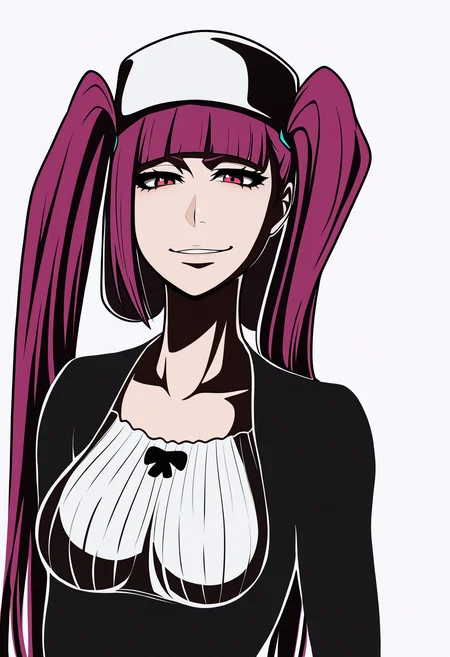 best quality, amazing quality, very aesthetic, absurdres,
1girl, rirukadokugamine, purple hair, twintails, long hair,
dress, hat,
arms behind back, upper body, smile, solo, looking at viewer, simple background, white background <lora:RirukaDokugamineIllustriousXL_byKonan:1>