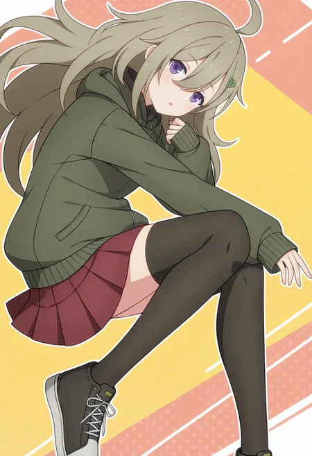 <lora:Tsutsuji HIGA_illustrious-000036:1>,Tsutsuji HIGA,brown hair,hair ornament,black thighhighs,red skirt,pleated skirt,jacket,sleeves past wrists,sneakers,hoodie