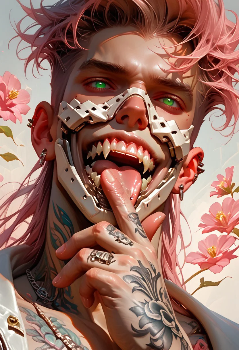 (score_9, score_8_up), score_7_up, masterpiece, ultra-realistic 8k, (best quality), (lots of details), (intricate details), perfect male painting, detailed painting, inrticate, realistic skin, (male focus), (dark shot, dark theme, muted colors), dynamic angle, (close-up:1.2), (solo), 1boy, masculine, (muscule:0.7), white mask, white leather jacket, spikes, bare chest, (tattoo:1.8), five perfect fingers, (open mouth:0.8), teeth, tongue splitting, tongue piercing, (saliva:0.4), green eyes, short pink hair, floating hair, white bandages, white tapes, white stripes, white fabric, (head up), licking fingers, enjoying, looking at viewer, yellow hue, (yellow glare), (green glare), shiny, white theme, abstract background with pink flowers, cinematic lighting, Expressiveh, h3l3n,,,,