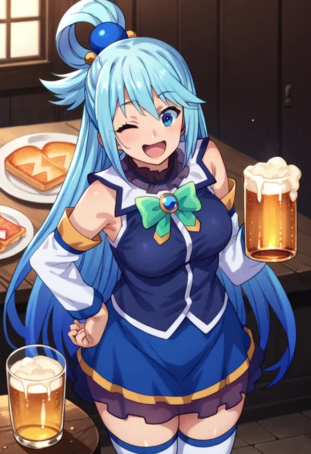 (zPDXL3),
(zPDXLxxx),
score_9, score_8_up, score_7_up,
1girl,
solo,
aqua \(konosuba\), long hair, blue eyes, hair ornament, very long hair, blue hair, hair rings, single hair ring, hair bobbles,
skirt, shirt, thighhighs, bare shoulders, detached sleeves, white thighhighs, blue skirt, blue shirt, green bow,
from above,
toast,
joy,
wink,
open_mouth,
holding beer mug,
beer,
beer foam,
looking_at_viewer,
arm_up,