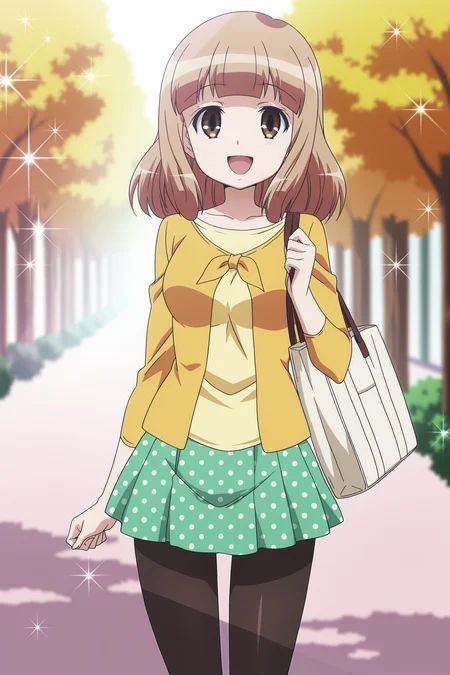 anime coloring, anime screencap, masterpiece, best quality, amazing quality,
outside, beams of light, sparkles, trees, blurry background, 
 <lora:YÅ«_Naruse_WataMote_No_Matter_How_I_Look_At_It_Its_You_Guys_Fault_Im_Not_Popular:1>
Yu yellow shirt green skirt outfit, Yu Naruse, 1girl, pantyhose, solo, brown eyes, brown hair, skirt, smile, bag, polka dot, casual, mouth open, :D, happy girl, looking at the viewer