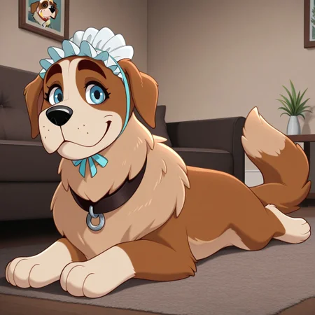 Nana(PP), Solo, 1girl, feral, dog, Saint Bernard, brown and tan fur, blue eyes, floppy dog ears, bushy dog tail, black nose, nursemaid hat, black collar, full body, looking at viewer, smile, lying on stomach, living room setting,