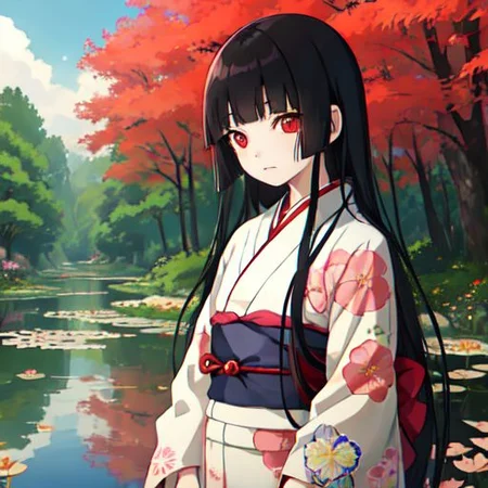 enma_ai 1girl, solo, hair down, hair black, bangs hair, eyes red, kimono, underlayer kimono, ornamental hairpun, obi sas, night, village, (masterpiece), 1girl, living in a floating house, pond, flowers on pond, beautiful scenery <lora:iori1:1>