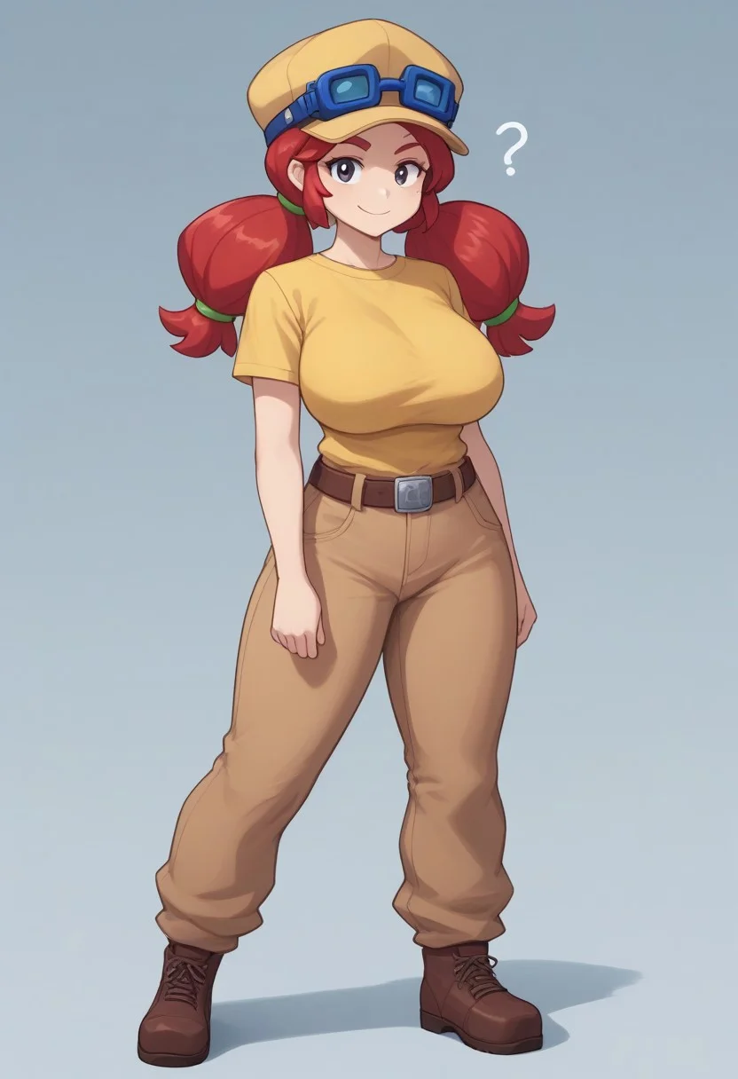score_9, score_8_up, score_7_up, BREAK, ,<lora:bsjessie:1>bsjessie , 1girl , red hair , hat , goggles on headwear, yellow shirt ,brown pants , belt ,pigtails,posmach <lora:PossumMachine:1> ,confused, looking at viewer,
<lora:PossumMachine:1>posmach ,confused, solo half closed eyes, smirking, sexy posing against viewer, full body portrait, skinny,very huge breasts, very huge ass, very huge thighs,hanging breasts, rear view, head turned, looking at viewer,
tummy visible,