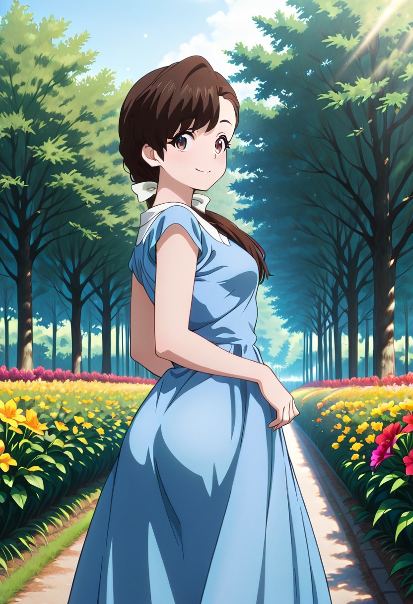 masterpiece, best quality, amazing quality, dynamic view,  solo, dynamic view,  solo, 1girl, masterpiece, best quality, bokeh, luminescent background, 
( kasumitendou,   long hair, brown hair, asymmetrical bangs, sidelocks, hair over shoulder , hair bow,  white bow, medium breast,   blue dress, sleeveless dress,  collered dress, white collar,, ), 
solo, from behind, outdoors, garden, flower, red flower, blue flower, purple flower, yellow flower, looking back, smile