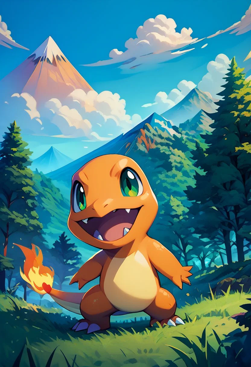 score_9, score_8_up, score_7_up, vivid bright colors,
zzCharmander, open mouth, green eyes, outdoors, sky, day, mountain, cloud, tree, blue sky, grass,