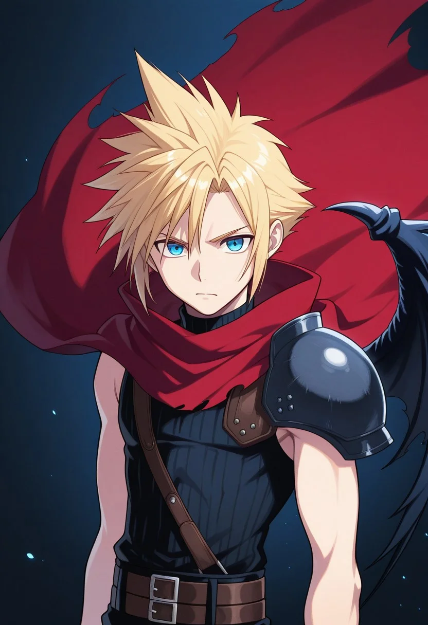 masterpiece,best quality,amazing quality, source_anime,
SoutouKumo, 1boy, male focus, solo, blue eyes, blonde hair, spiked hair, shoulder armor, red cape, torn cape, single wing, sleeveless turtleneck,