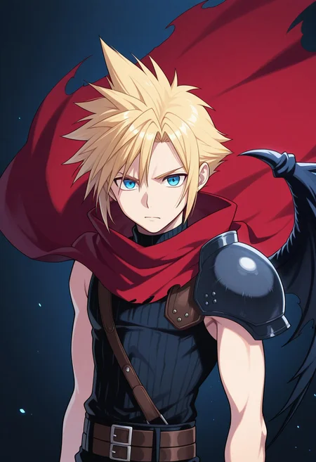 masterpiece,best quality,amazing quality, source_anime,
SoutouKumo, 1boy, male focus, solo, blue eyes, blonde hair, spiked hair, shoulder armor, red cape, torn cape, single wing, sleeveless turtleneck,