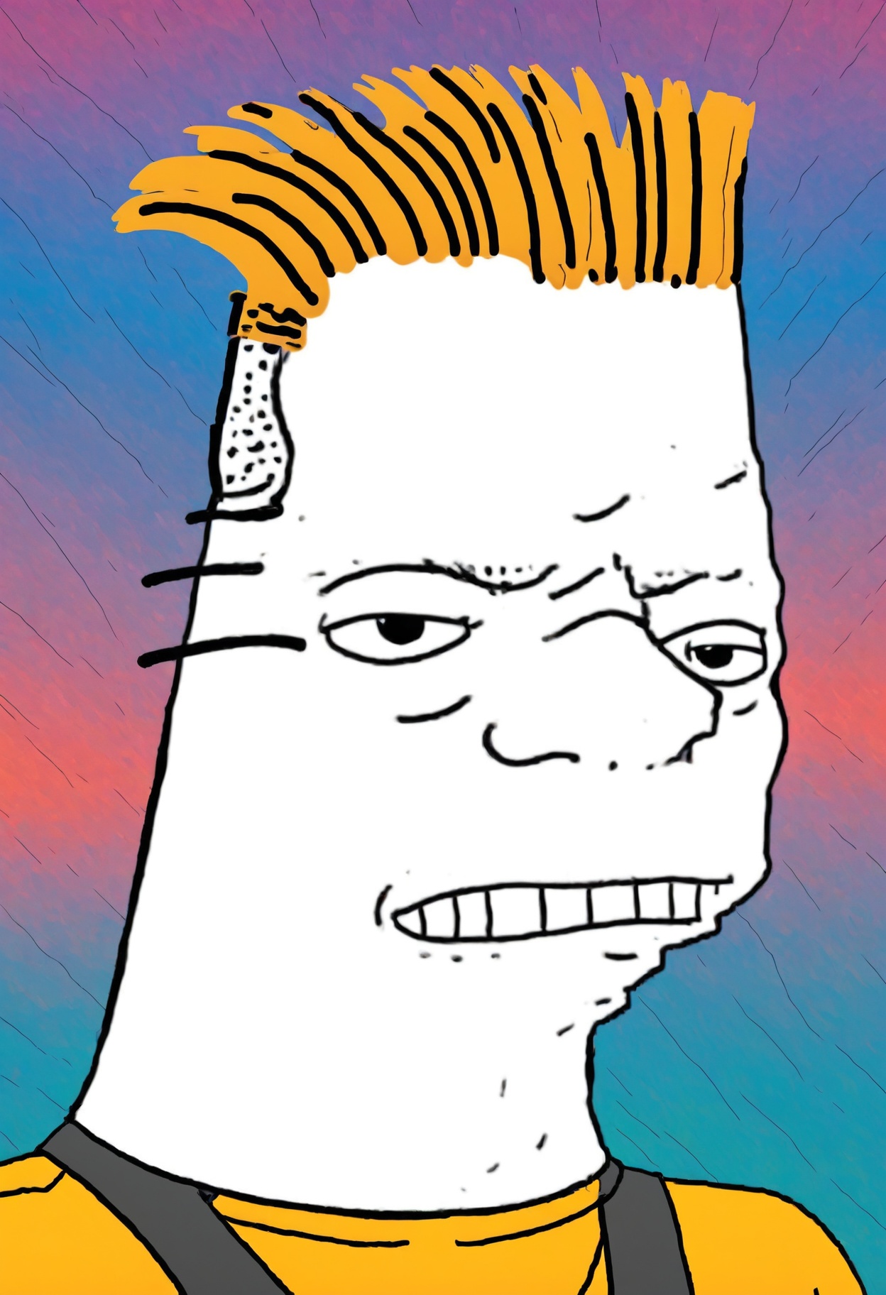 Flat 2D Art, (MS portrait zoomer:1.4), close-up of bart simpson, evil snarl, detailed, raw, gritty, grainy texture, abstract geometric gradients, colorful background <lora:zoomer_v3:1>, simple flat color, 2-dimensional, Flat 2D Art Style