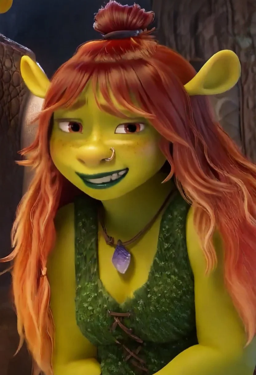 felicia_shrk5, 1girl, female ogre, green skin, red hair (long hair, single hair bun), shrek ears, amber eyes, nose piercing, freckles, green lipstick, buckteeth, purple crystal necklace, dark green sleeveless top (moss), pocket belt, short brown pants, chubby, plump,
score_9_up, score_8_up, score_7_up, looking at viewer, smiling, smug, waving at viewer, female focus, ultra detailed, detailed background, swamp, masterpiece, best quality, 8k, Expressiveh, realistic, 3d, easynegative