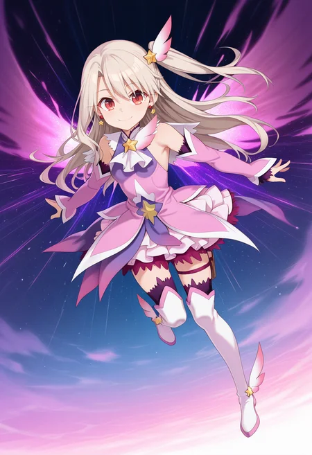 1girl,solo,<lora:prisma_illya_zwei_form.v2:1>,illyasviel von einzbern,prisma illya,magical girl,hair ornament,red eyes,detached sleeves,star \(symbol\),earrings,jewelry,dress,one side up,skirt,pink sleeves,layered skirt,thighhighs,thigh boots,wings,
flying,smile,
masterpiece,best quality,amazing quality,