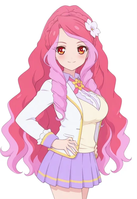 elzaforte, 1girl, red eyes, pink hair, multicolored hair, gradient hair, long hair, very long hair, drill hair, braid, crown braid, hair flower, flower, hair ornament, white flower, school uniform, white jacket, yellow waistcoat, purple skirt, pleated skirt, long sleeves, white shirt, neck ribbon, anime screencap, big breasts,
masterpiece, best quality, amazing quality,
(white background), smile, blush, looking at viewer, hands on own hips, from side,
