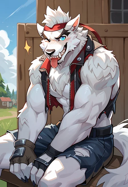 (male:1.2), solo, furry, anthro, canine, (muscular:0.3), bara, shirtless, white fur, blue eyes, tank top, blush, smiling, happy, looking_at_viewer, score_7_up, score_8_up, score_9, by nomifuk, cute:1.2, sitting, tailwag, wink, grin, tongue_out, <lora:Dire_Fortnite:1>, dire, fortnite, werewolf