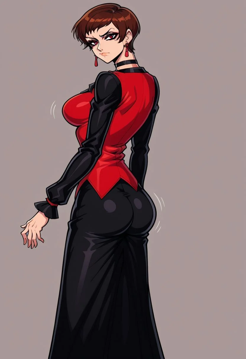 , ,source_anime, vicekfs,vice_(kof) , perfect big breasts, alluring , brown reddish hair ,very short hair , earrings, choker , long sleeves , vestthigh strap, long dress,pantyhose, ankle boots, beautiful face , (good anatomy),short hair,beautiful eyes, red eyes,black eyeshadow , motion lines , dramatic light,perfect hands , ,sexy, , in a dark grey aura background ,solo, , perfect beautiful face, ( serious),head tilt ,wind effect ,nsfw, , ( , showing perfect ass) , looking at viewer, erotic pose, ass spread