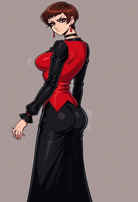 , ,source_anime, vicekfs,vice_(kof) , perfect big breasts, alluring , brown reddish hair ,very short hair , earrings, choker   , long  sleeves , vestthigh strap, long dress,pantyhose, ankle boots, beautiful face ,  (good anatomy),short hair,beautiful eyes, red eyes,black eyeshadow , motion lines , dramatic light,perfect hands ,   ,sexy,  , in a  dark grey aura background ,solo,  , perfect beautiful face, ( serious),head tilt ,wind effect ,nsfw, ,  (  , showing perfect ass) , looking at viewer, erotic pose, ass spread