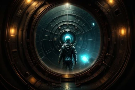 a portal back into 1903, the portal is built in Lawrence Livermore Labs, in a special chamber room monitored by a team of watching scientists. A man in a hazmat suit approaches the surface of the time portal, where he can see the streets of New York circa 1903, amazing, captivating and amazing moment,
highly detailed,