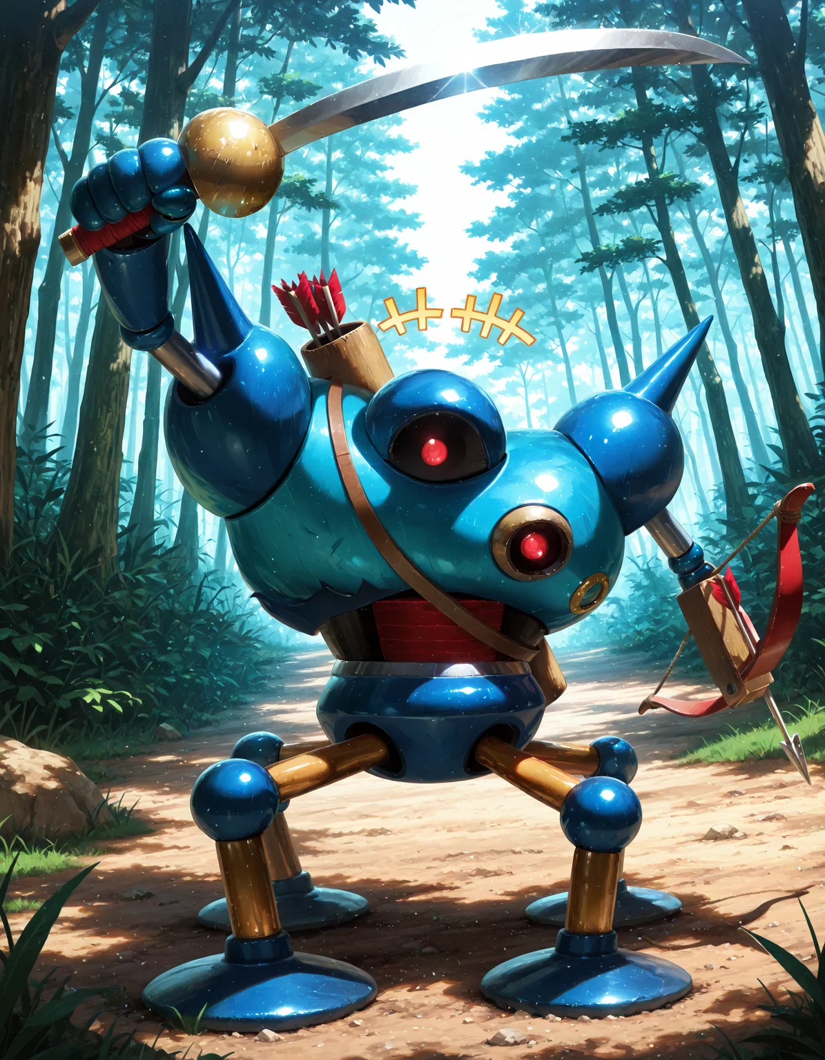 masterpiece,extreme detailed,day,outdoors,forest BREAK 1other,killing_machine_(dq),no humans,one-eyed,robot,red eyes,holding sword,robot,spikes,arrow \(projectile\),bow \(weapon\),4_legs,<lora:killing_machine_(dq)-IL:1>,arms up,+++,