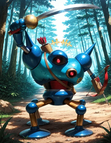 masterpiece,extreme detailed,day,outdoors,forest BREAK 1other,killing_machine_(dq),no humans,one-eyed,robot,red eyes,holding sword,robot,spikes,arrow \(projectile\),bow \(weapon\),4_legs,<lora:killing_machine_(dq)-IL:1>,arms up,+++,