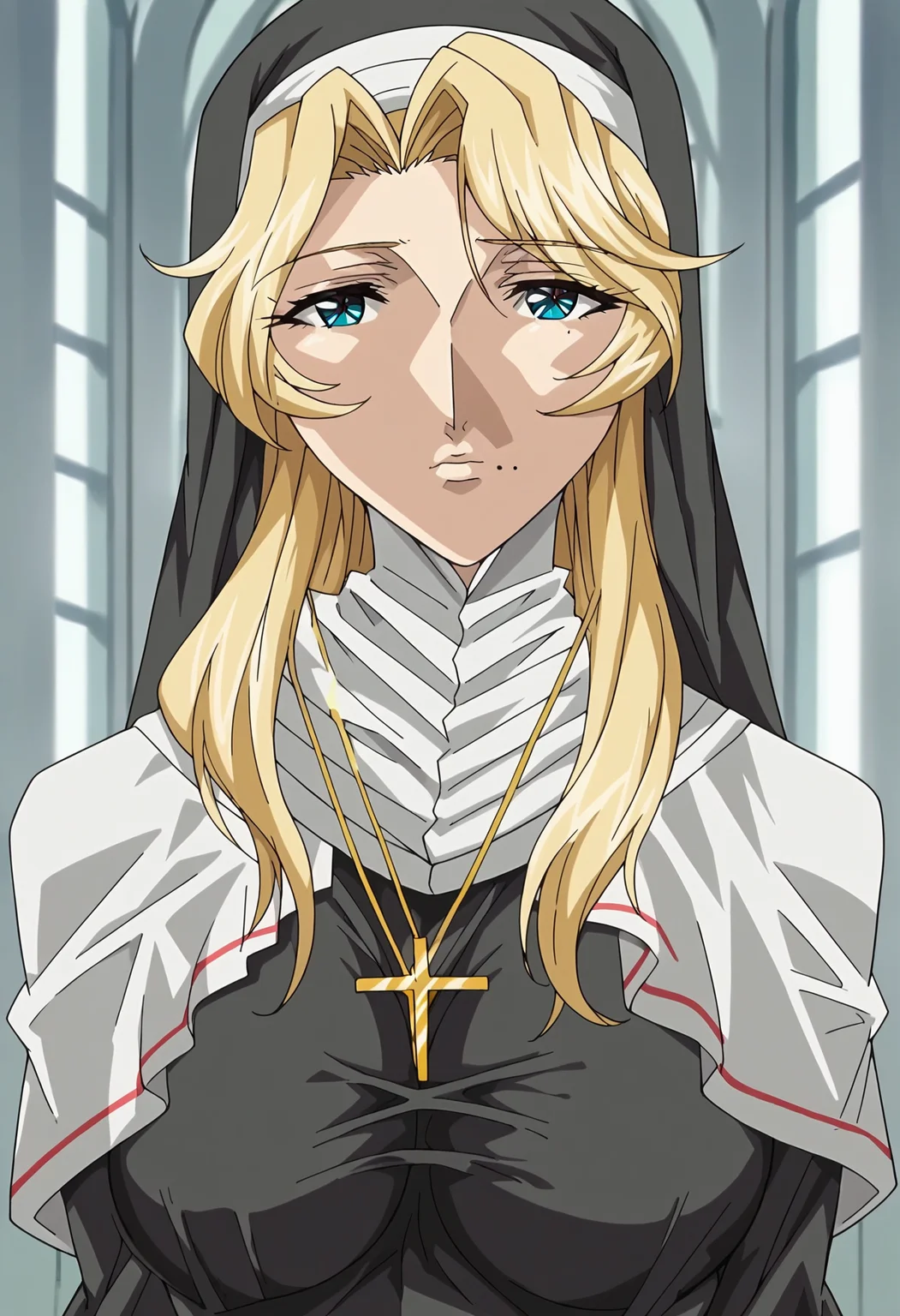 score_9, score_8_up, score_7_up,<lora:Dark_Chapel:1>, sis,1girl,solo, blonde hair,mole under mouth,long hair,blue eyes,nun,habit,large breasts,anime coloring,looking at viewer,upper body,church, indoors