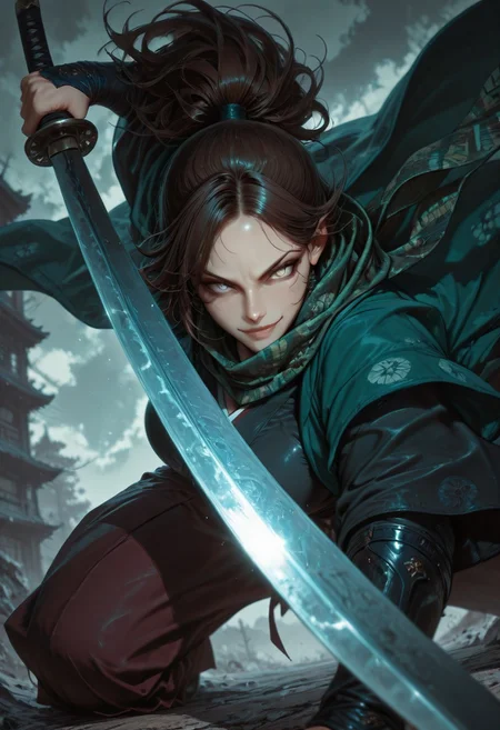 masterpiece, best quality,high quality, newest, highres,8K,HDR,absurdres, 1girl, mature female, solo, ponytail, long dark brown hair, glowing grey eyes, slit pupils, sexy smile expression, black and green checker patterned scarf, black kimono, haori, hakama pants, katana, samurai fantasy battlefield, stormy sky, dynamic pose, intense lighting, detailed background, depth of field, dynamic composition, foreshortening, detailed background, dynamic pose, dynamic composition,dutch angle, detailed backgroud,foreshortening,blurry edges <lora:iLLMythG0thicL1nes:1> G0thicL1nes