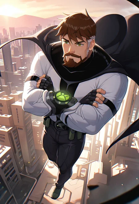 masterpiece, best quality, amazing quality, very aesthetic, absurdres, newest,,
  ben10k, brown hair, male focus, facial hair, beard, short hair, mustache, mature male, muscular, green eyes, white shirt,, utility belt, turtle neck,  full facial hair,, two-tone hair, black gauntlet on right arm, fingerless gloves, strip on shirt,
city view, crossed arms, floating, black cape, black shoulders, black pants, hero suit, flowing in the wind, long sleeves, long sleeves suit, white forearm