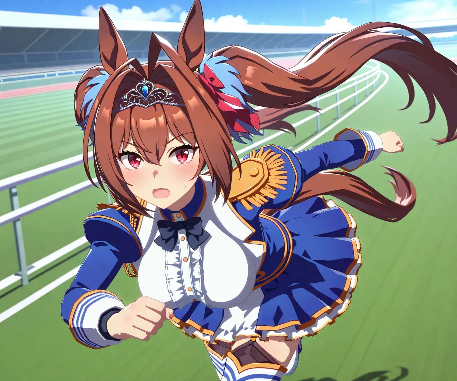 masterpiece, best quality, amazing quality, , 1girl, solo, looking at viewer, umamusume, racetrack, running, <lora:Daiwa Scarlet in game style 3D:1> ummsmingame, 3d, daiwa scarlet \(umamusume\),