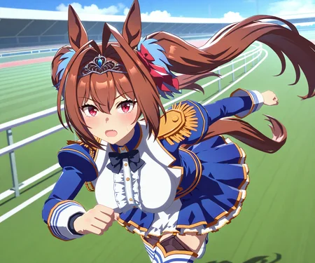 masterpiece, best quality, amazing quality, , 1girl, solo, looking at viewer, umamusume, racetrack, running, <lora:Daiwa Scarlet in game style 3D:1> ummsmingame, 3d, daiwa scarlet \(umamusume\),
