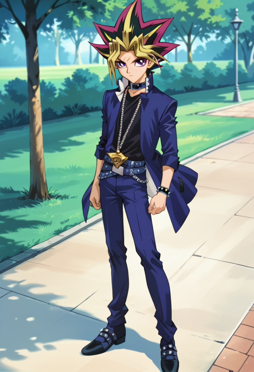 score_9, score_8_up, score_7_up, score_6_up, highly detailed,Good Colors, Good Shading, Good Eyes, Contrast Shading, male focus, alone, Yami Yugi, spiked hair,black hair, blonde hair, multicolored hair, purple eyes, choker, chain necklace, millennium puzzle, black sleeveless shirt, blue jacket, bracelets, belt, blue pants, black shoes, park