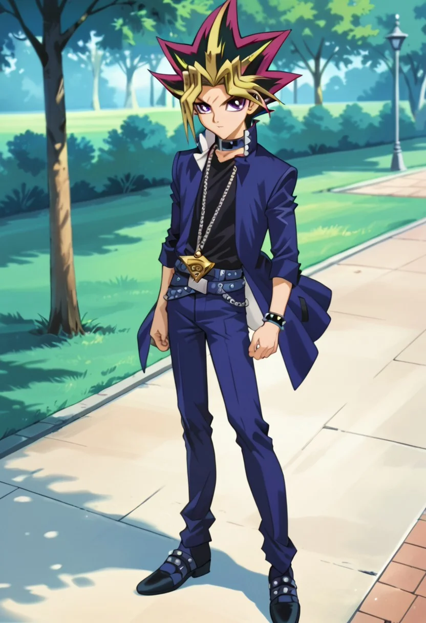 score_9, score_8_up, score_7_up, score_6_up, highly detailed,Good Colors, Good Shading, Good Eyes, Contrast Shading, male focus, alone, Yami Yugi, spiked hair,black hair, blonde hair, multicolored hair, purple eyes, choker, chain necklace, millennium puzzle, black sleeveless shirt, blue jacket, bracelets, belt, blue pants, black shoes, park