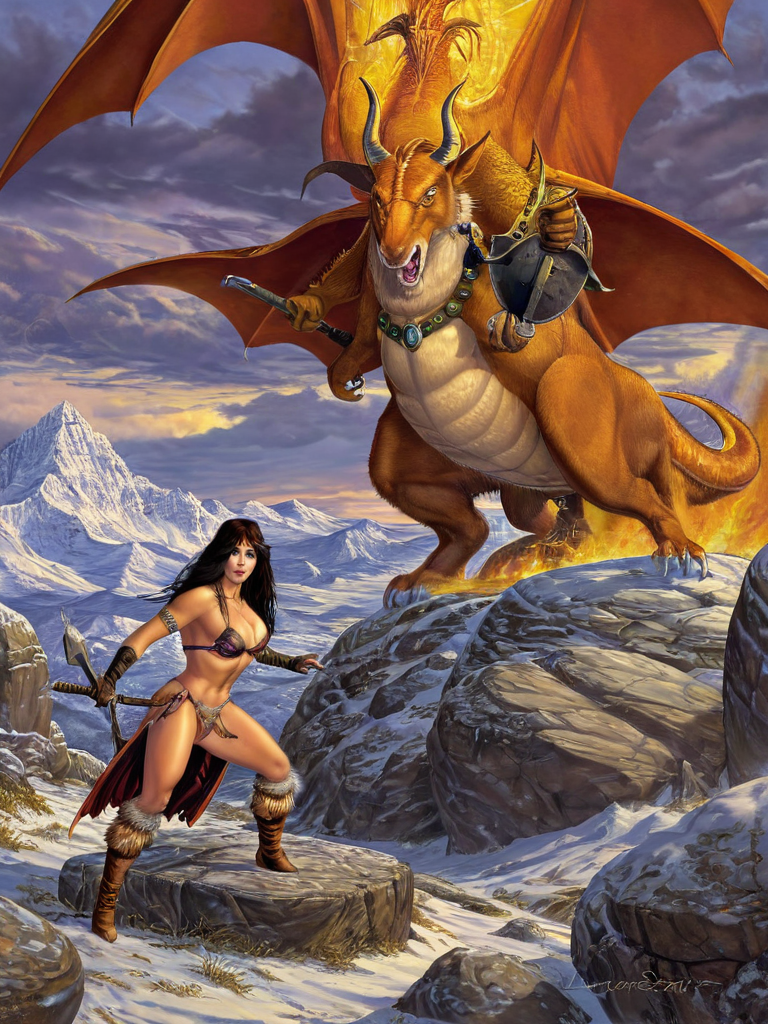 fantasy illustrations of by Elmore_Style_LX , standing pose, Witches and warriors, sexy, skimpy, slutty, supermodel witch, adventure, cinematic, epic outdoor location, fantasy illustration, cinematic scene by forgotten realms, 1woman barbarian, skimpy armor, Huge breasts, bikini armor, sexy barbarian nude , with sword with a magic items, in the background epic winter sunset Fantasy masterpiece by Larry Elmore , dragonlance , <lora:Elmore_Style_LX-000010:0.6>