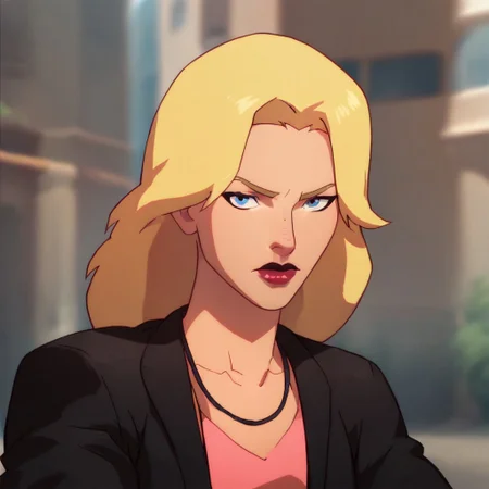 Score_9, score_8_up, score_7_up, MaggieDCAMU, 1girl, solo, lipstick, blonde hair, long hair, blue eyes, jacket, pink shirt, looking at viewer, necklace, closed mouth
