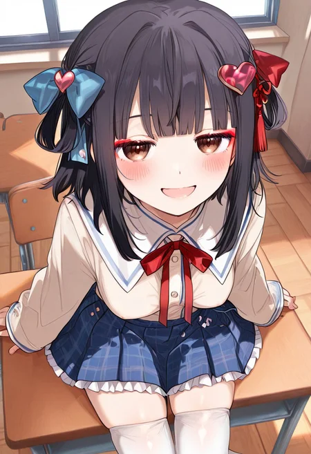 great quality,1girl,solo, (almic:0.9),(ogipote,akakura:0.8),(sofra,sincos:0.6),(karyln,momisan:0.9),flannel skirt,  pleated white and blue skirt, white thighhighs,sleeves past wrists,hair bow,long sleeves,beige blouse,,blue bow, heart hair ornament,  heart hair ornament, , zettai ryouiki, red ribbon,white sailor collar,white frilled skirt,smile,indoors,classroom,,brown eyes,res tassel hair ornaments,red tassel on sidelocks,red eyeliner,(jitome:0.8),(perky breasts:0.8),,looking at viewer, on desk,from above, sitting,black hair,dutch angle