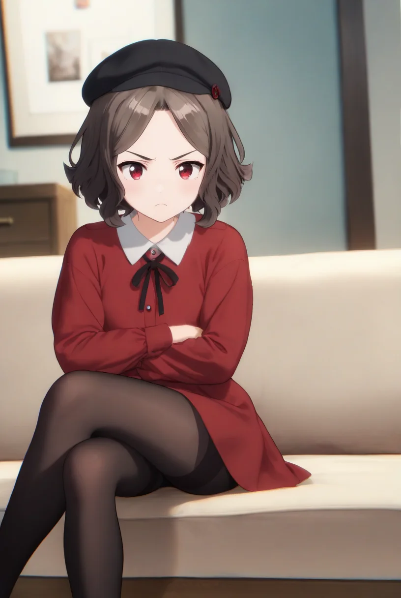 (score_9,score_8_up,score_7_up, ),
GBC_TOMO,1girl,black pantyhose,sitting,short hair,red dress,brown hair,beret,couch,neck ribbon,indoors,long sleeves,red eyes,closed mouth,wavy hair,collared shirt,<lora:GBC_TOMO_v2_pony-000030:1>,arms_crossed,crossed_legs,leaning_on_object,frown